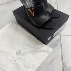Versace Black Mules with Gold Detail